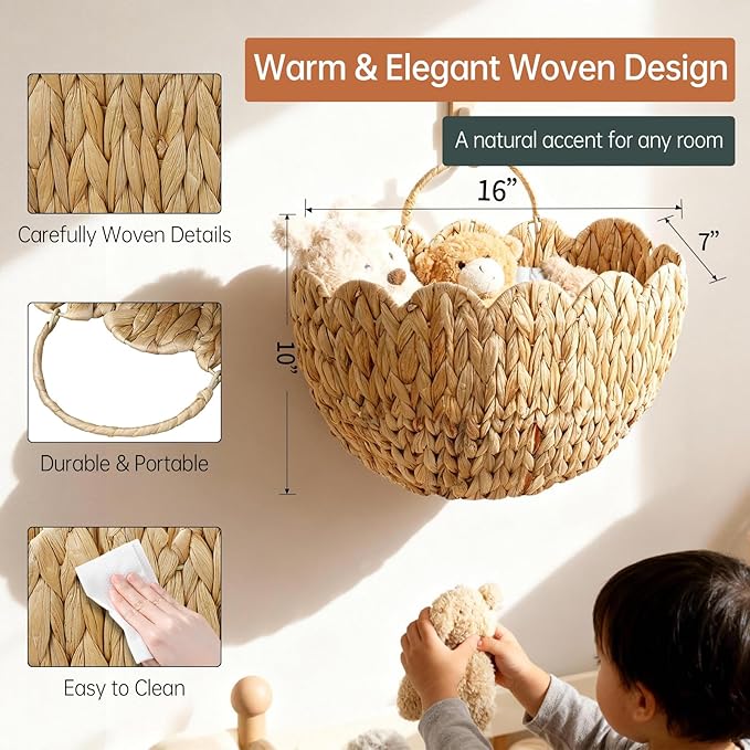 Coeusy Water Hyacinth Hanging Basket, Scalloped Wall Basket with Handle, Wicker Hanging Wall Basket for Door,Nursery,Home Decor