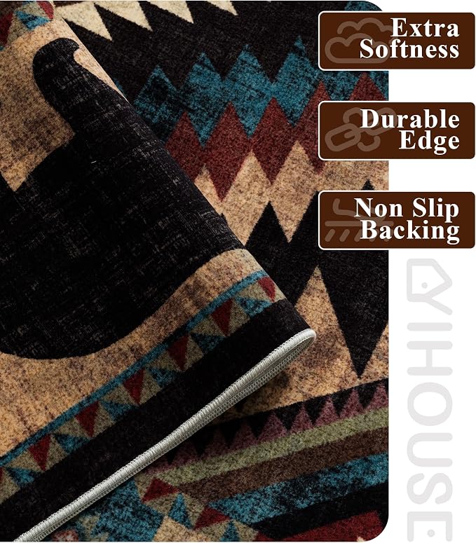 YIHOUSE Rustic Cabin Area Rug 9x12, Lodge Wildlife Bear Washable Large Area Rug, Southwestern Rustic Rugs for Living Room