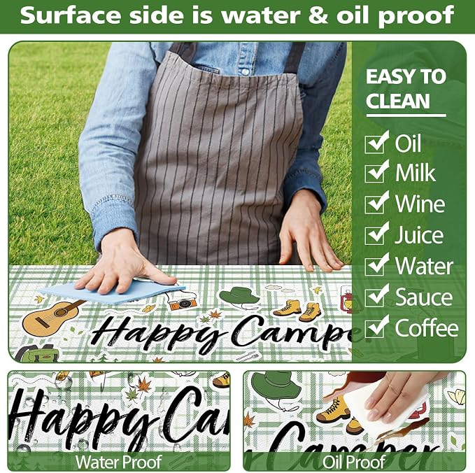 NYMB Picnic Table Cover with Bench Covers, Happy Camper Farm Plaid Fitted Table Cover, Outdoor Patio Camping Essentials, Waterproof Camping Fitted Tablecloth with Drawstring Bag, 30x96in (Green)