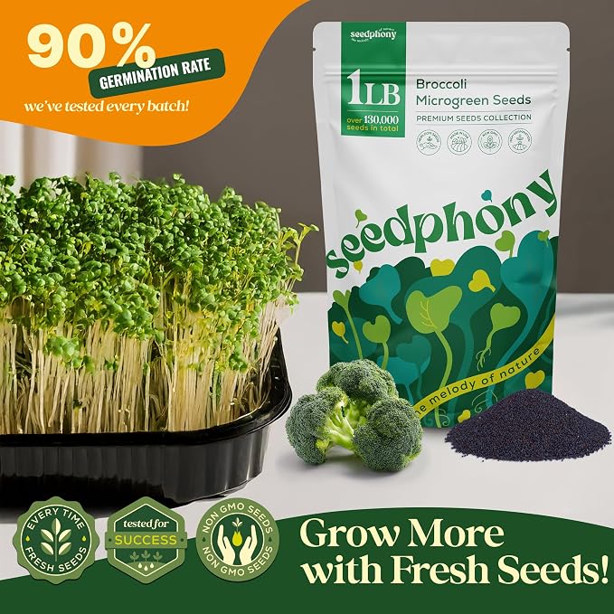 Seedphony Broccoli Sprouting & Microgreens Seeds - 130,000 Non-GMO Heirloom Seed, 1lb Resealable Bag - High-Germination Broccoli Seeds for Sprouting in Jars, Soil, Hydroponics & Microgreen Trays