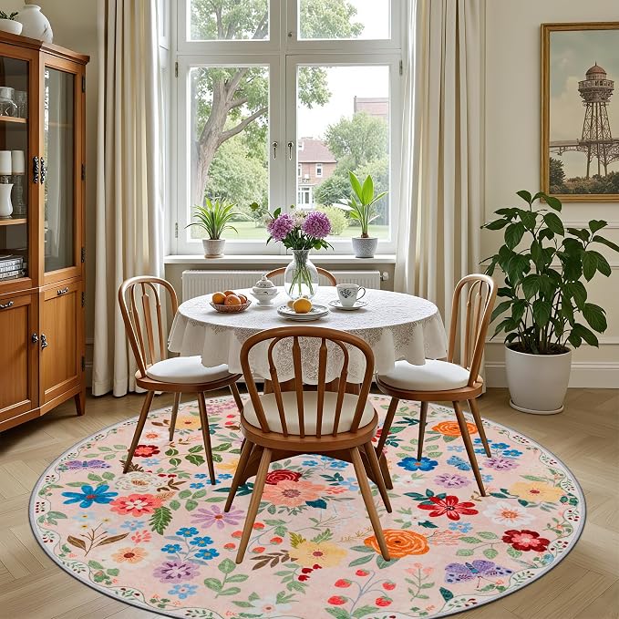 PLHXFR Round Area Rug Living Room: 4 ft Floral Washable Soft Carpet Beige | For Bedroom Dining Room Farmhouse Nursery Hallway,Vintage Floral,Machine washable,Non Slip,Stain Resistant,Large Indoor
