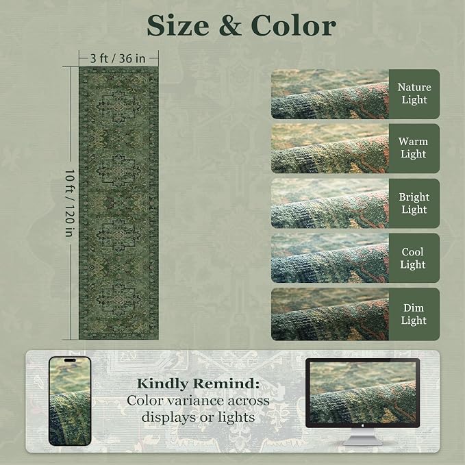 Dark Green 3x10 Long Hallway Runner Rug, Vintage Distressed Medallion Carpet Runners for Entryway, Low Pile Thin Runner Rug Non Slip Washable for Kitchen/Mudroom/Foyer/Bedroom