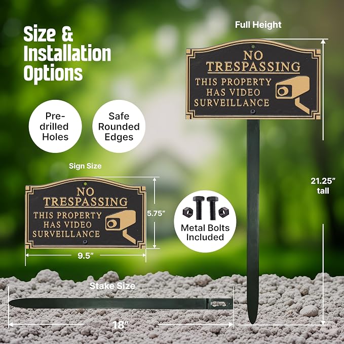 SmartSign 5.75 x 9.5 inch “No Trespassing - This Property Has Video Surveillance” GardenBoss Statement Plaque with 18 inch Lawn Stake, 375 mil Rustproof Aluminum, Black and Gold, Set of 1, USA-Made