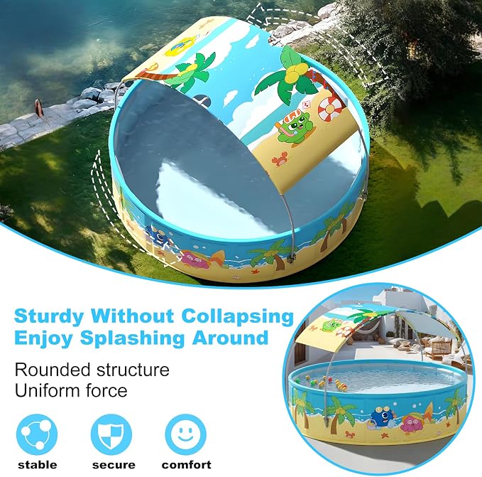 Foldable Swimming Pool with Canopy for Kids 78.7"x17.7" Hard Plastic Portable Dog Pool Anti-Slip Collapsible Large Kiddie Pool Indoor Outdoor Backyard (JellieMons 79'')