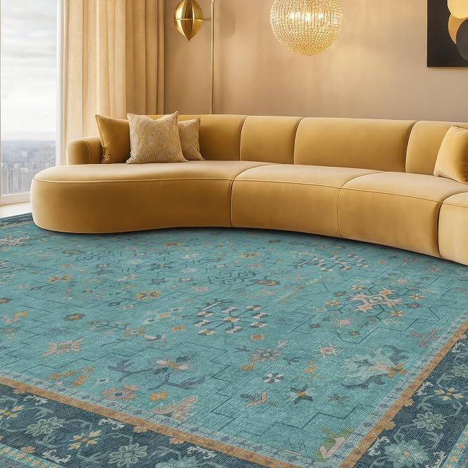 Washable 10x14 Teal Boho Living Room Rug - Geometric Floral Design Area Rug for Dining Room, Non Slip Soft Carpet for Large Bedroom, Low Pile & Stain Resistant Mats