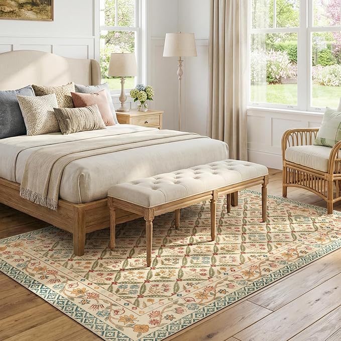 jinchan 6x9 Vintage Floral Washable Large Living Room Area Rug, Teal Blue | Soft & Lightweight, Checkered Floral, Low Pile, Non Slip, Bedroom, Dining Room, Girls Room, Home Office, Cottage Decor