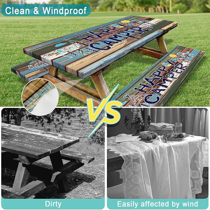 Picnic Table Cover with Bench Covers and Bag, Outdoor Wooden Camping Camper RV Wood Waterproof Windproof Tablecloth with Elastic Edges, Camping Accessories RV Gear Campers 96x30 Inches 3 Pcs Set