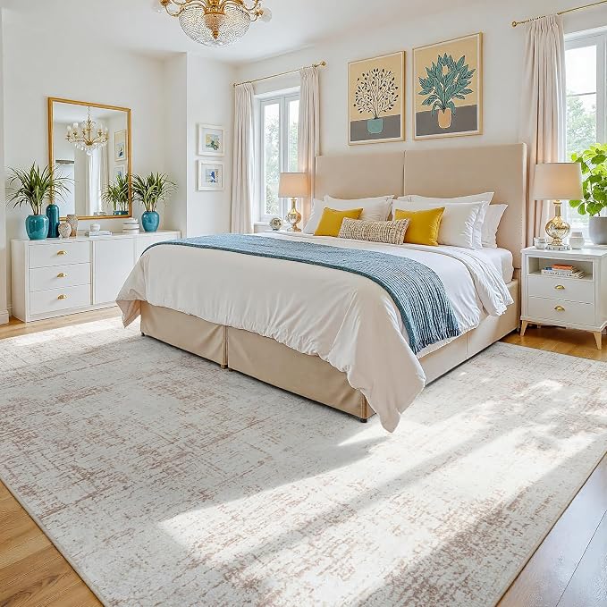 9x12 Washable Area Rug for Living Room Bedroom: Non-Slip Modern Beige White | Machine Washable TPR Backing, Stain-Resistant Low Pile, Pet & Kid Friendly, Abstract Decor for Dining Room, Dorm, Home Office