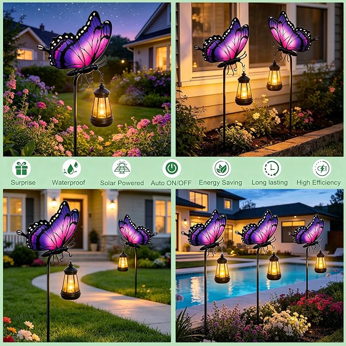 Butterfly Solar Garden Lights Outdoor Waterproof, Gifts for Women Mom Grandma Daughter, Stake Lights with Solar Lantern, Hanging Solar Lights, Solar Path Lights Yard Art Outside Patio Garden Decor