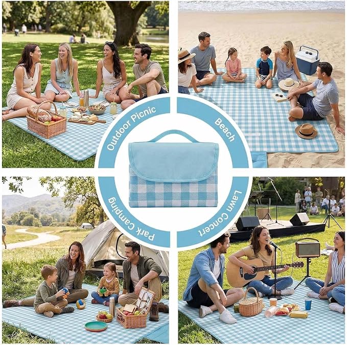Waterproof Foldable Picnic Blanket Outdoor with Carry Strap,80"x80" Extra Large Beach Blanket Sandproof,Portable Soft Gingham Picnic Mat for Camping Travel Hiking Family Concerts Park(Blue)