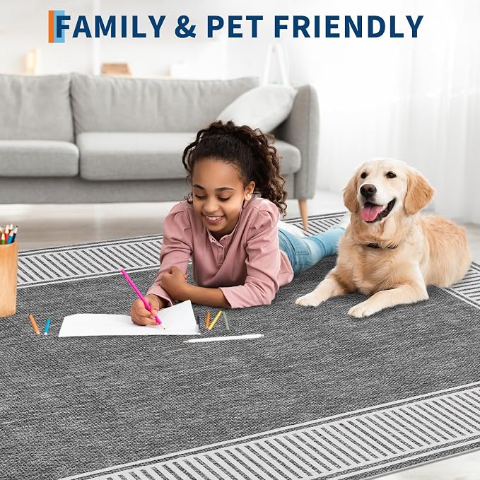 Garvee Large Washable Rug 9x12 Modern Bordered Living Room Rug Grey | Non Slip Soft Foldable Indoor Carpet Stain-Resistant Low Pile Floor Cover for Bedroom Nursery Office Dorm Kids Room Playroom