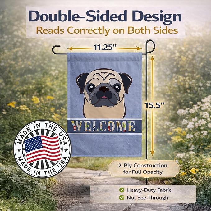 Caroline's Treasures BB1448GF Fawn Pug Welcome Garden Flag, Blue Mailbox Flag Decorative Yard Flag Banner Outside Patio Artwork Yard Flower Beds, Garden Size, Multicolor
