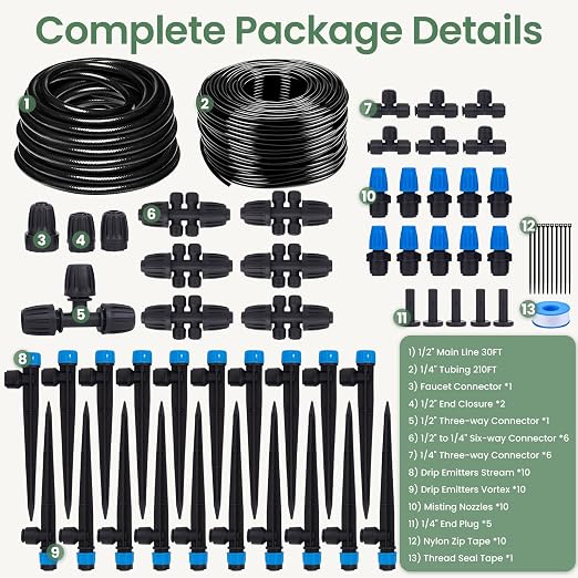 240FT Drip Irrigation System Kits, Quick-Connect Garden Watering System for Raised Bed, Potted Plants, Lawn, Greenhouse with 1/2 inch Hose 1/4 inch Tubing and Accessories