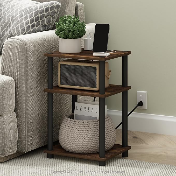Furinno Just 3-Tier Turn-N-Tube USB and Type-C Charging Port End Table with Open Storage, 11.42 (W) x 8.82 (H) x 6.77 (D) inches, Amber Pine/Black