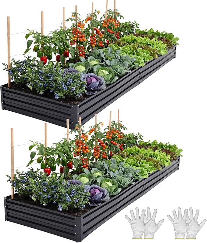 YITAHOME 2pcs 12x4x1ft Galvanized Raised Garden Bed, Metal Planter Box with Safety Rubber, Gloves, Outdoor Flower Bed for Planting Plants Vegetables, Black