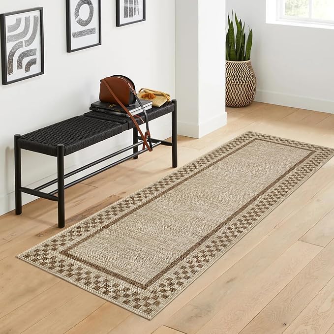 GarveeHome Rug Runners for Hallways 2x8 Washable Kitchen Runner Rug | Non Slip Low Pile Throw Carpet Modern Bordered Bathroom Checkered Area Rug for Living Room Bedroom Entryway Nursery, Taupe