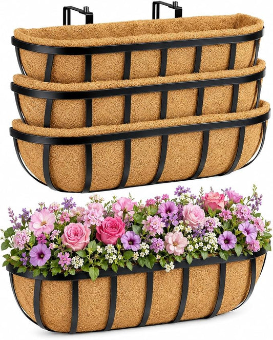 Y&M Railing Planter Boxes 24 Inch 2 Pack, 2-in-1 Adjustable Hanging Balcony Planters with Coco Liners, Heavy Duty Window Box Planters with Support Rods for Outdoor Garden