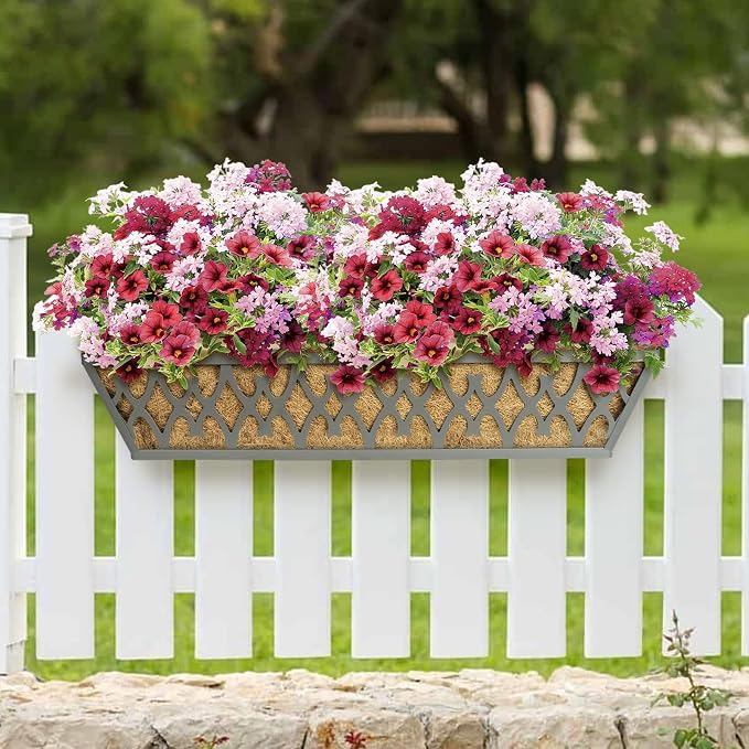 6 Pack 24 Inch Window Boxes Planters Railing Planter Box with Adjustable Brackets for Porch Fence Patio Balcony Hanging Flower Baskets with Coco Liners for Outdoor Garden Decor - Dark Grey