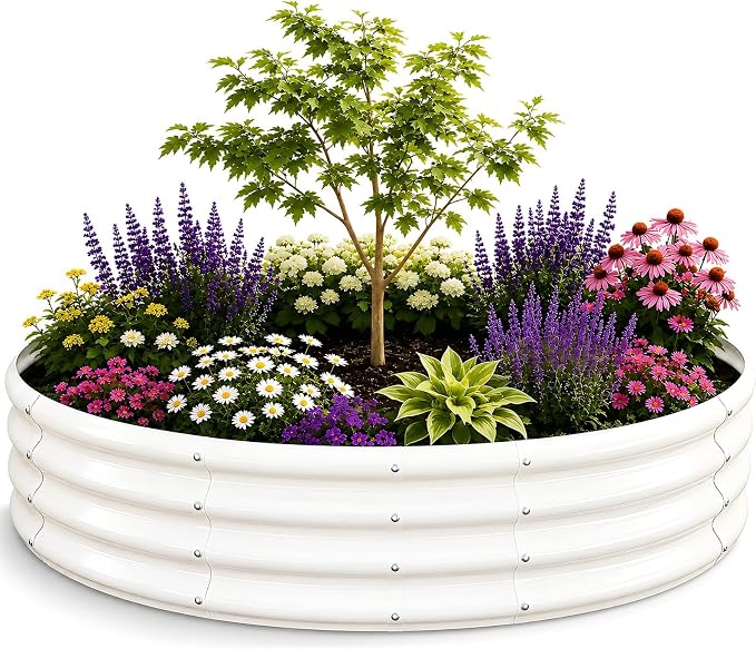 6FT Round Raised Garden Bed, Thickened Galvanized Metal Planter Box for Vegetables, Flowers & Herbs, Rust-Resistant Outdoor Gardening Bed with Modern White Finish & Easy DIY Assembly