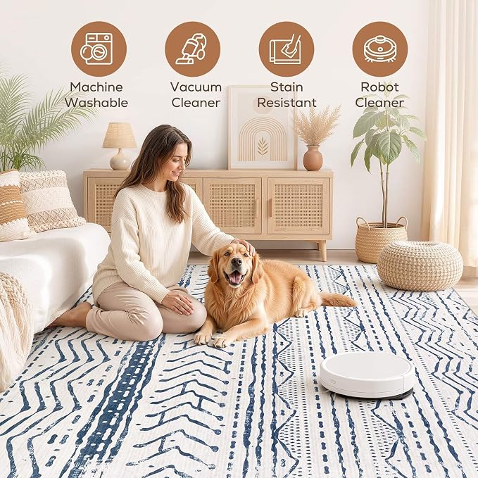 Nakagishi Boho 5x7 Area Rug Living Room Rugs Machine Washable Navy Blue | Soft, Pet & Kid Friendly, Carpet for Living Room/Bedroom/Office/Kitchen/Nursery, Daily Home Decor Stain Resistant Moroccan