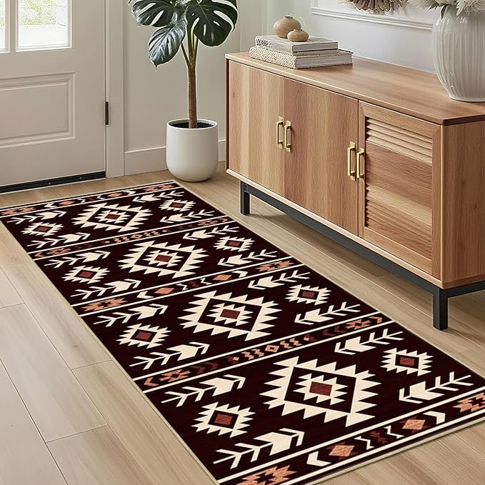 Western Runner Rug 2x6 for Hallway Kitchen Bedroom, Southwestern Aztec Tribal Runner Rugs Southwest Navajo Machine Washable Rug Non-Slip Printed Low-Pile Floor Carpet Mat for Living Room, Red Brown
