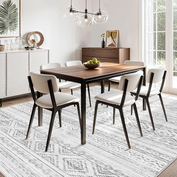 cotiled Boho 10x14 Area Rug for Living Room: Large Moroccan Washable Rug | Solve Modern Neutral Trendy Home Decor - Stain Resistan Carpet for Bedroom Farmhouse Light Grey
