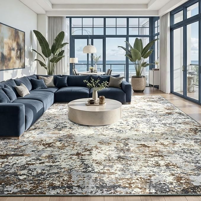 Toneed Washable 6x9 Area Rug with Non-Slip Backing for Living Room | Abstract Modern Rugs, Soft Low Pile Carpet for Bedroom Kitchen Dining Room Nursery Indoor Floor Home Decor, Brown Grey Gold