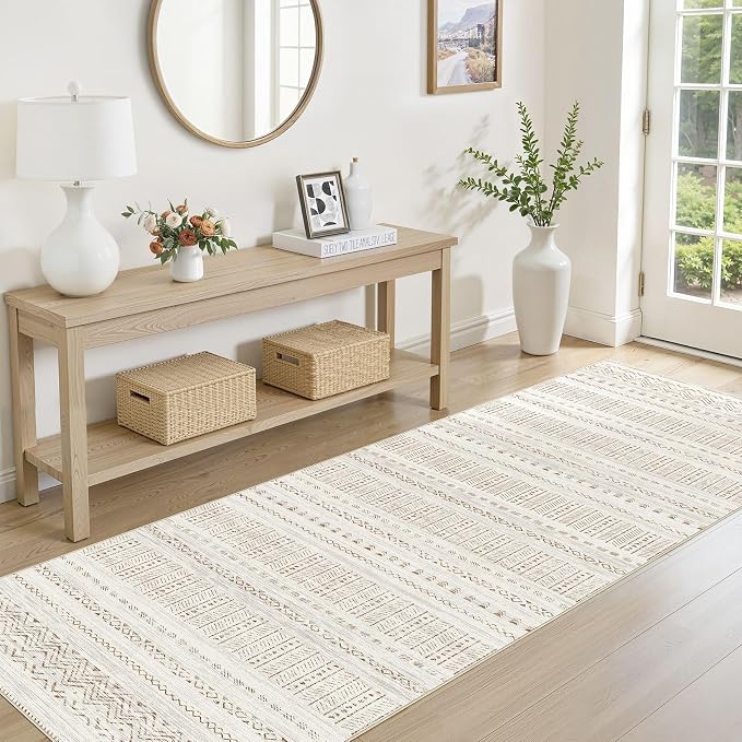 cotiled Hallway 2.6x8 Runner Rugs Washable Boho Rug Brown/Cream | Stain Resistan Indoor Carpet for Entryway Kitchen Laundry Room Bedroom