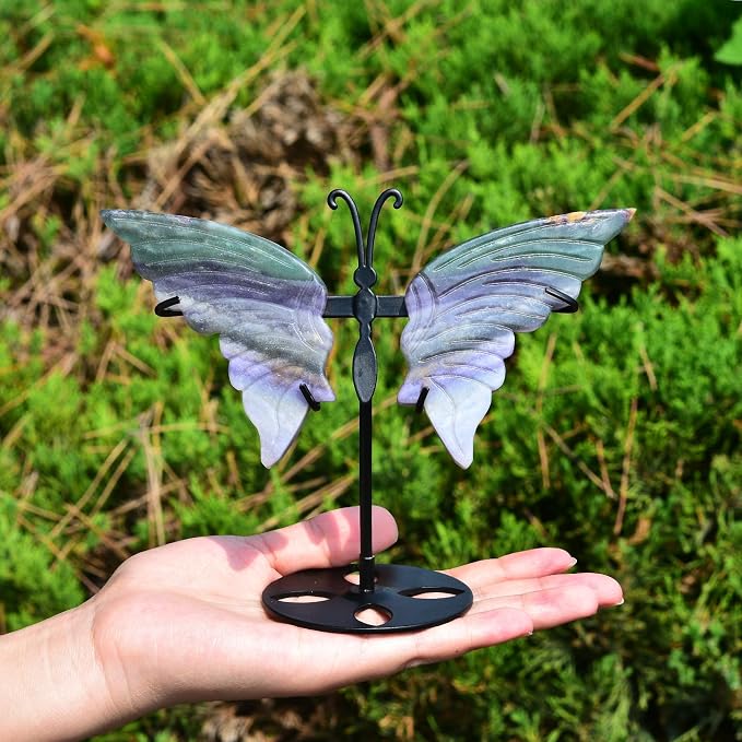 JIC Gem Rainbow Fluorite Crystal Butterfly Art Angel Wings Sculpture Carving,Green Healing Crystal Butterfly Ornaments Energy Decorative Stone Reiki Gifts (1pair, 10cm)