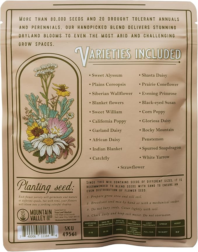 Sustainable Seed Co Wildflower Seed Bulk 2 oz 80,000 Seeds Drought-Tolerant | Mix with 20 Varieties, Pollinator-Friendly, Drought-Resistant Flowers for Dryland Gardens