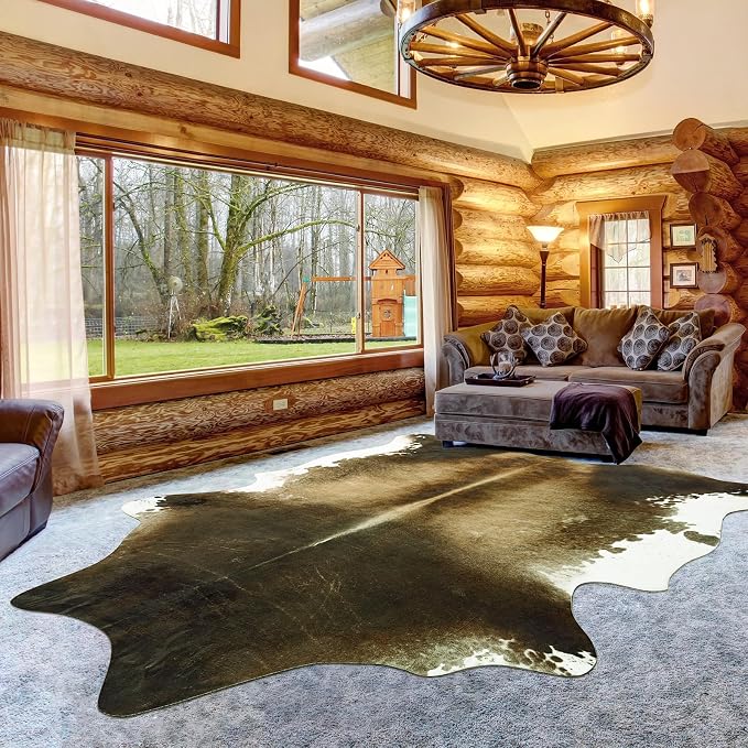 Washable Non Slip Cowhide Area Rug 5x6 Brindle and White, Faux Animal Skin Carpet for Bedroom, Western Rustic Cottagecore Teen Room Decor Rugs for Under Coffee Table Bedside