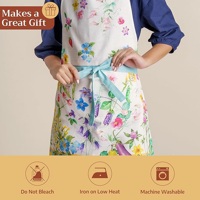 Maison d' Hermine Aprons for women with Pocket 100% Cotton (27.50"x31.50") | Adjustable Neck Strap & long ties Apron Men Chef Wedding Cooking Gardening Server Maid