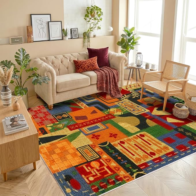 Washable 5x7 Rugs for Living Room, Abstract Tribal Geometric Patchwork Rug | Non-Slip Indoor Carpet for Bedroom Dining Room Office Home Decor| Colorful Soft Low-Pile Floor Rustic Rugs| Burnt Orange Rug