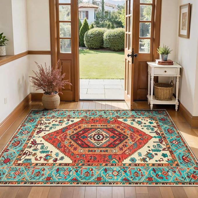 SERISSA 3x4 Washable Non Slip Boho Area Rug for Entryway，Orange | Ultra Soft Vintage Oriental Carpet Low-Pile Distressed Tribal Indoor Entrance Carpet for Kitchen Bedroom Living Room Dorm