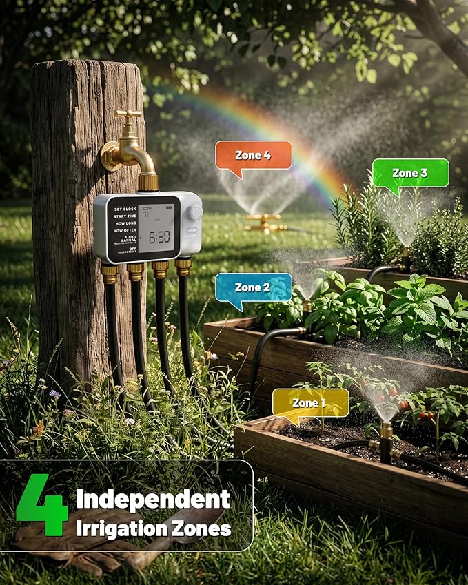 [All-New 2027] 4 Zone Sprinkler Timer with Brass Inlet, Unistyle 4 Outlet Programmable Water Timer for Garden Hose with Rain Delay, Manual Watering Automatic Irrigation Hose Timers for Yard Lawn Patio