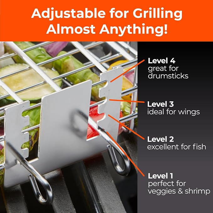 Adjustable Grill Basket with Removable Handle – 4 Height Levels for Vegetables, Meat, Fish & More – Locking Lid - Basting Brush, Scrub Sponge & Storage Bag for Outdoor Cooking