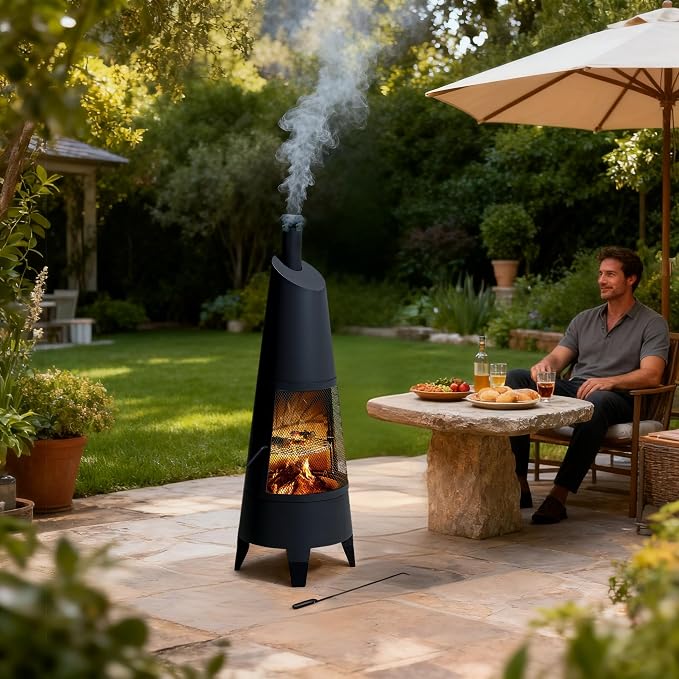 SUNJOY 2-in-1 Chiminea Fire Pit & Grill, 57" Tall Outdoor Fireplace with Removable Stainless Steel Grill Grate, Spark Screen & PVC Cover for Patio, Backyard, Cooking - Black
