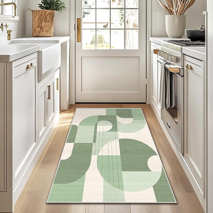 3x5 Green and White Geometric Boho Area Rug for Bedroom Entryway Hallway Abstract Rug Machine Washable Non-Slip Carpet for Bathroom Kitchen Bedside Living Room