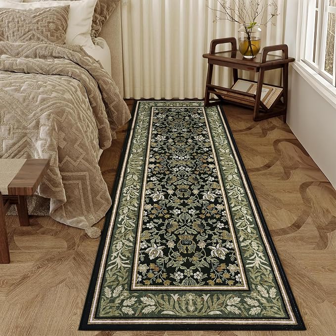 GarveeHome 2x6 Runner Rug Non Slip Washable Runners for Hallway Green Black | Boho Vintage Runner Rugs with Rubber Backing Soft Low-Pile Stain Resistant Indoor Long Carpet for Kitchen Entryway Bedroom