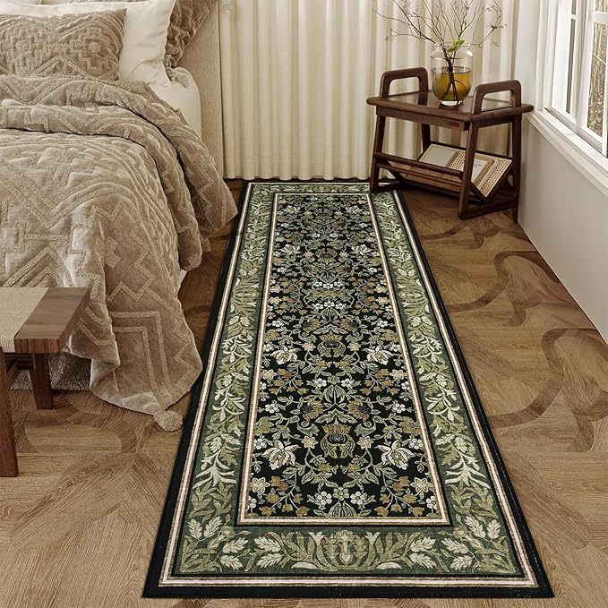 GarveeHome 2.5x10 Runner Rug Non Slip Washable Hallway Runners Green Black | Boho Vintage Runner Rugs with Rubber Backing Soft Low-Pile Stain Resistant Indoor Long Carpet for Kitchen Entryway Bedroom