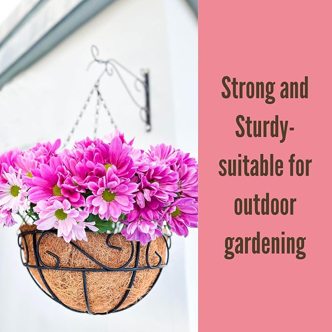 LaLaGreen Hanging Planter for Outdoor Plants (12 Inch, 6 Pack) Hanging Baskets with Coco Liner, Black Metal Wire Flower Basket Pots with Hook Hanger Balcony Porch Farmhouse Country Style Garden Decor