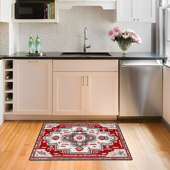 Red Geometric Rose 2x3 Entry Rug,Washable Small Rugs for Entryway Kitchen Bathroom Door Mat Indoor Entrance,Non Slip Rubber Backing,Stain & Fade Resistant,Gul Floral Farmhouse Decor