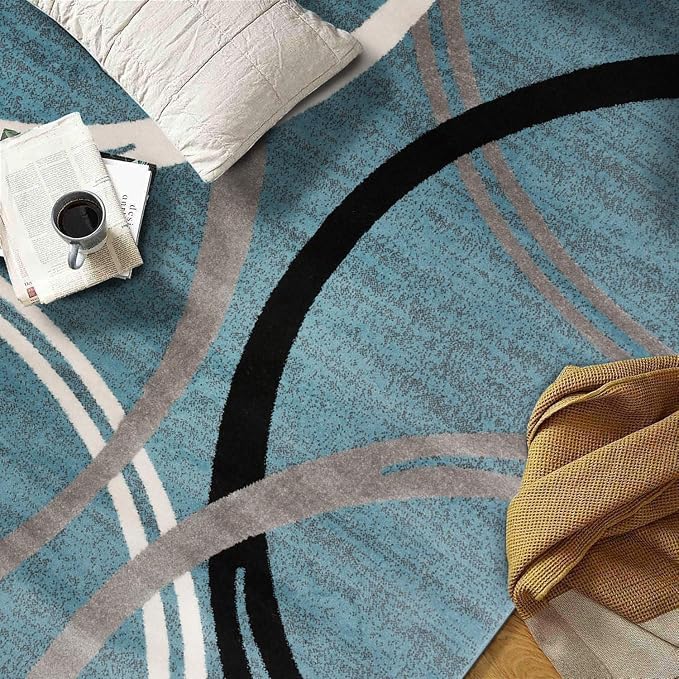 Rugshop Wavy Circles Playroom Modern Jute Backing Round Rug Blue 6'6" | Round, Size 6'6", Living Room, Bedroom, Dining Room, Home Office, Kitchen, Entryway, Hallway, Nursery, Kids Room, Guest Room