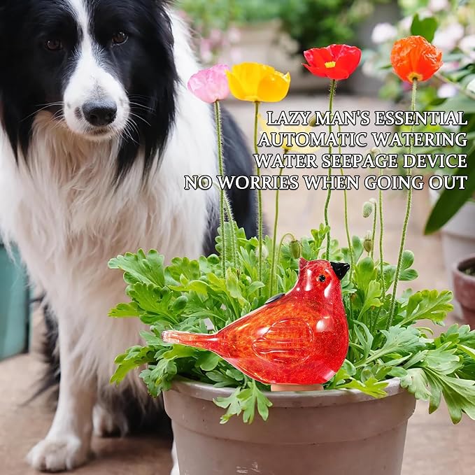 Plant Watering Globes, Bird Glass Self Watering Planter Insert - for Indoor & Outdoor Plants - Glass Plant Water Globes for Daily Use, Planter Spikes to Support Indoor & Outdoor Plant Health, Red