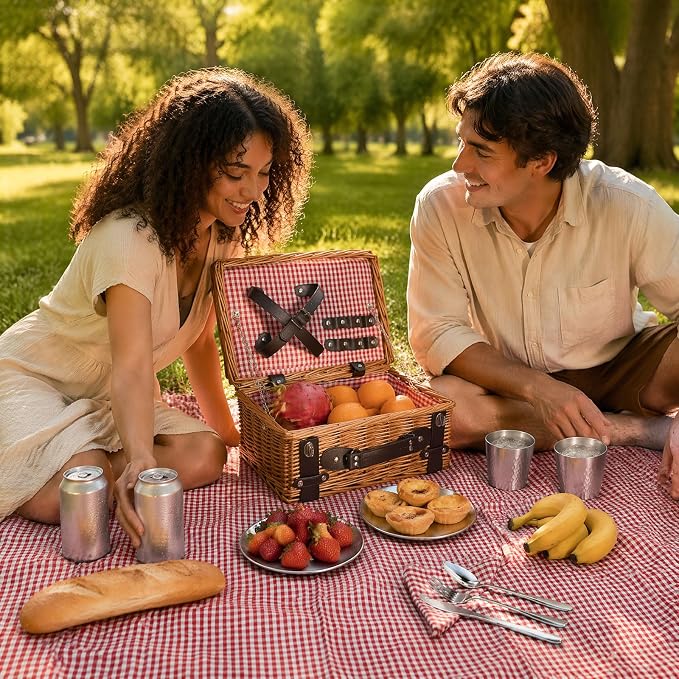 Picnic Basket Set for 2, Wicker Picnic Baskets with Waterproof Blanket and Cutlery Service Kit, Willow Hamper for Camping, Outdoors, Valentine's Day, Christmas, Birthday, Wedding Gift