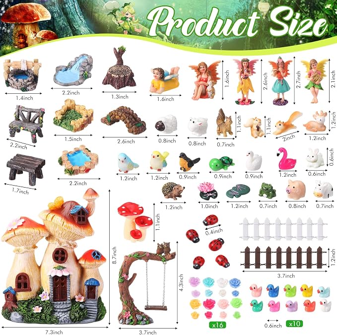 100 Pcs Fairy House Garden Kit Accessories Miniatures Fairy Figures Gnomes Mushroom House Solar Light Resin Dwarfs Statue Micro Landscape Ornaments for DIY Yard Outdoor Decoration