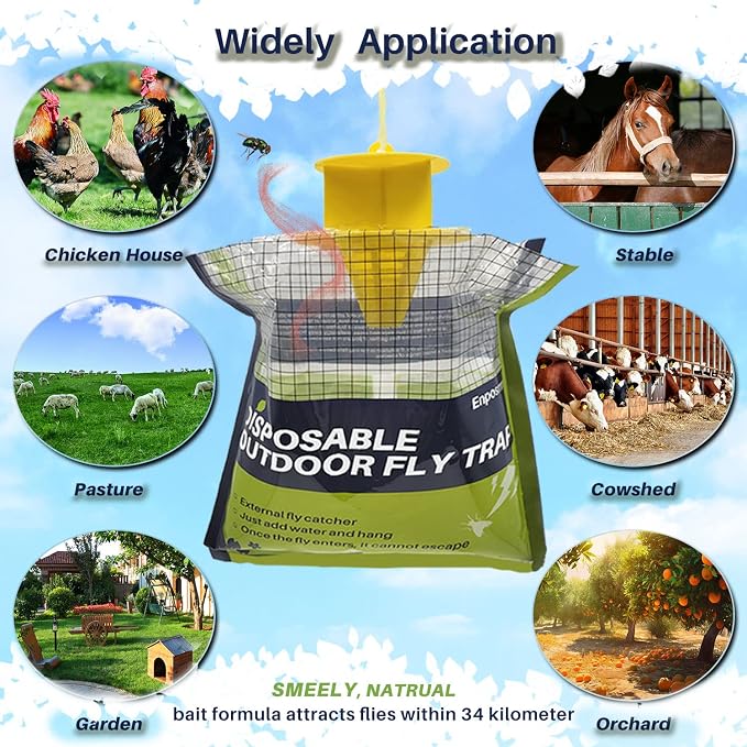 8 Pack Fly Traps Outdoor Hanging Disposable Fly Bags Trap, Effective Pre-Baited Flies Catcher, Flies Killer Bug Control for Patio, Yard, Chicken Coops, Horse Stables, Barns
