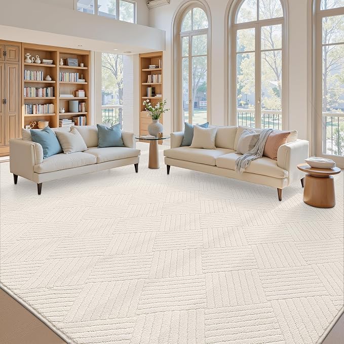 9x12 Living Room Area Rug, Beige Soft Geometric Fluffy Bedroom Mat | Washable Modern Indoor Floor Mat, Non Slip Shaggy Boho Accent Throw Carpet for Office, Dorm, Nursery and Dining Room