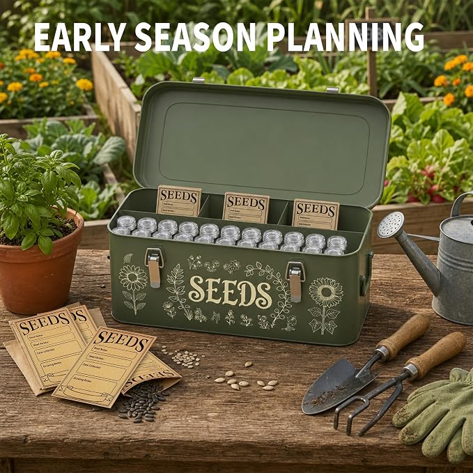 Metal Seed Storage Organizer, 4 Compartment Locking Seed Saving Box | Includes 30 Bottles & Envelopes, Dark Green Vintage Garden Seed Organizer for Flower Vegetable Heirloom Seeds