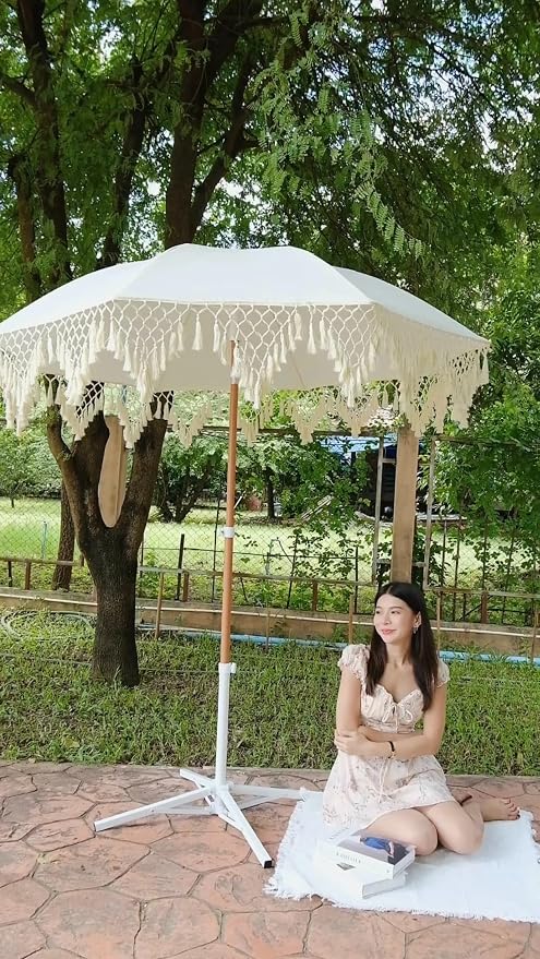 Bohemian Umbrella Macrame 6.5ft HANDCRAFTED Balinese MACRAME Canopy OUTDOOR Umbrella LUXURY Umbrella MIAMI Umbrella Premium Macrame for Deck, Patio, Pool, Sun Shade and Outdoor Entertaining